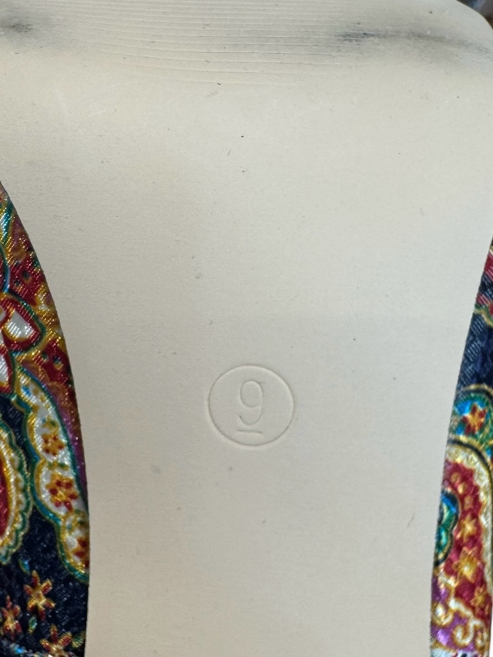 Jolimall Paisley Blue Yellow Orange Pink Ankle-Strap Peep-Toe Heels Size 9 - Picture 10 of 11